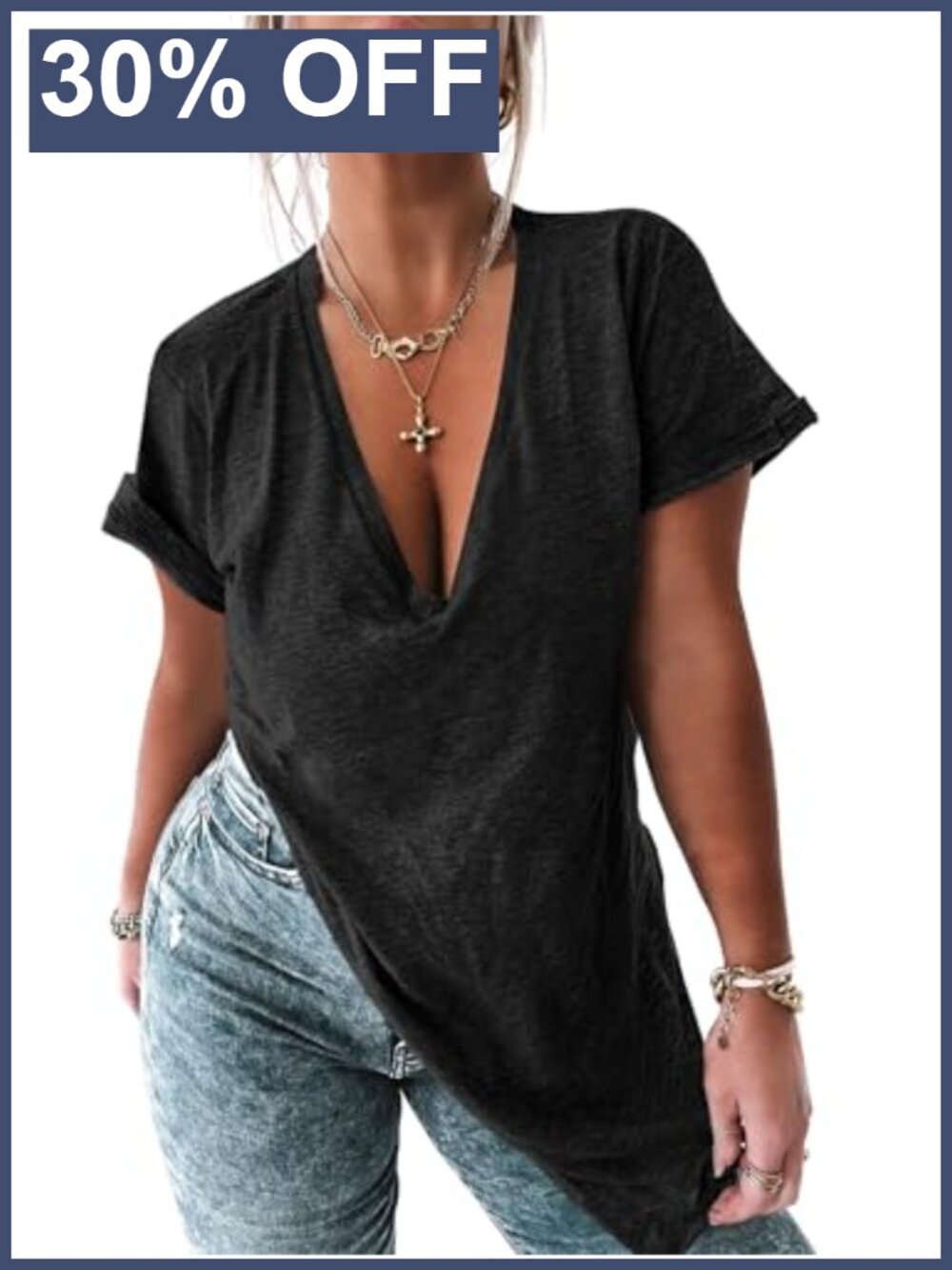 Women's Deep V Neck Oversized Tunic T-Shirt Short Sleeve Summer Tee